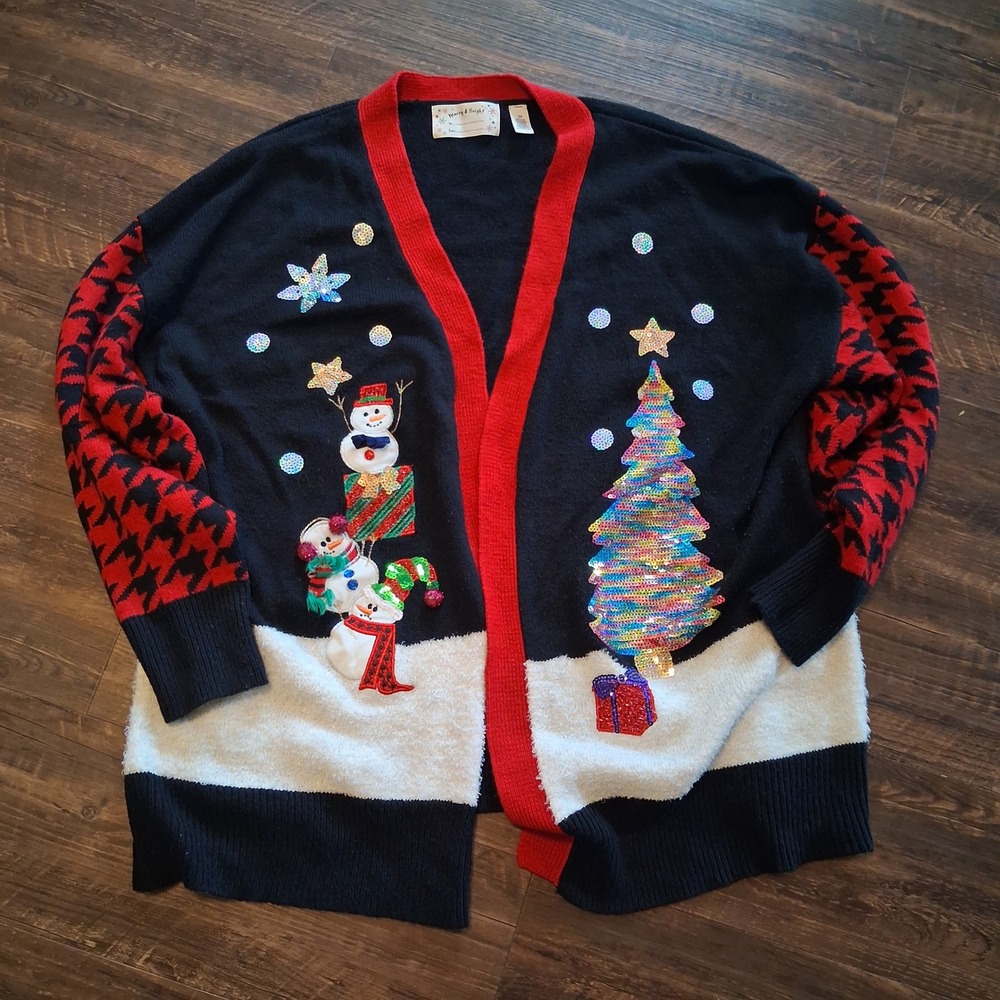 Merry & Bright Cardigan Sweater W 3X Black Sequin Snowman Tree Ugly Christmas